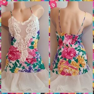 VTG Victoria's Secret Vivid Floral Chiffon Ruffle Babydoll Chemise Size Sm